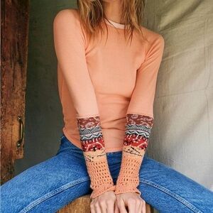 Free People Desert The Mix Cuff Henley Thermal Crochet Sleeve Orange Combo Sz XS